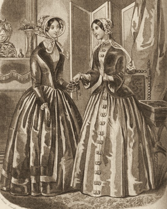Fashion plate from Graham’s Magazine, 1849: two women in bonnets