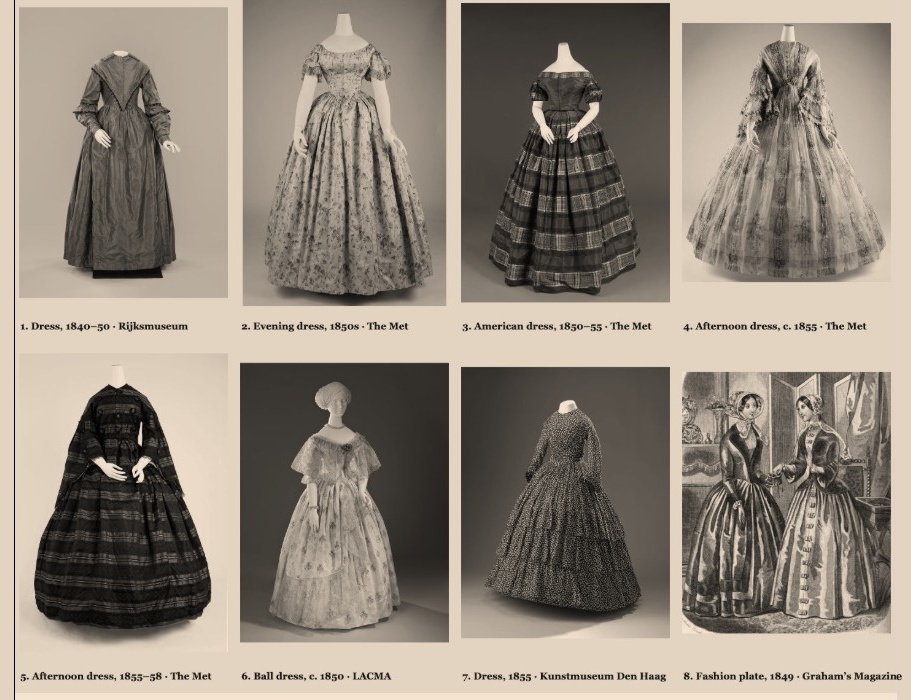 Seven dresses from 1840–1858 in museum collections, and an 1849 fashion plate