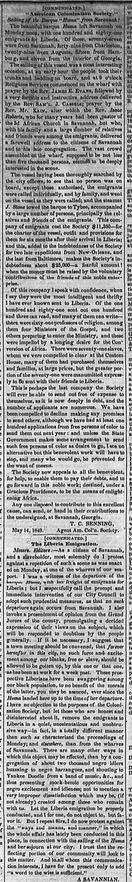 The full Colonization Society report and the letter from A Savannian as printed