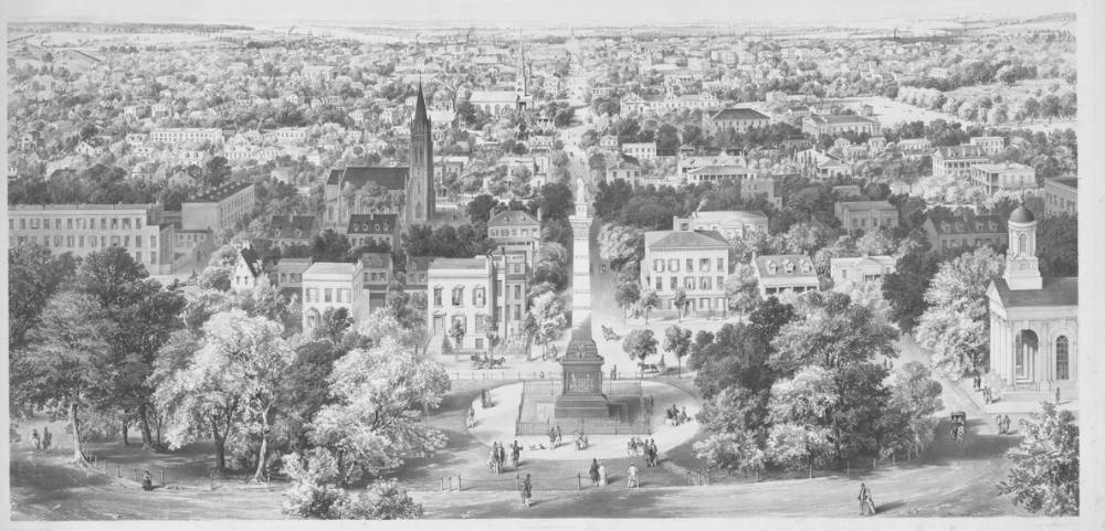 View of Savannah published in 1856, with Johnson Square and its monument