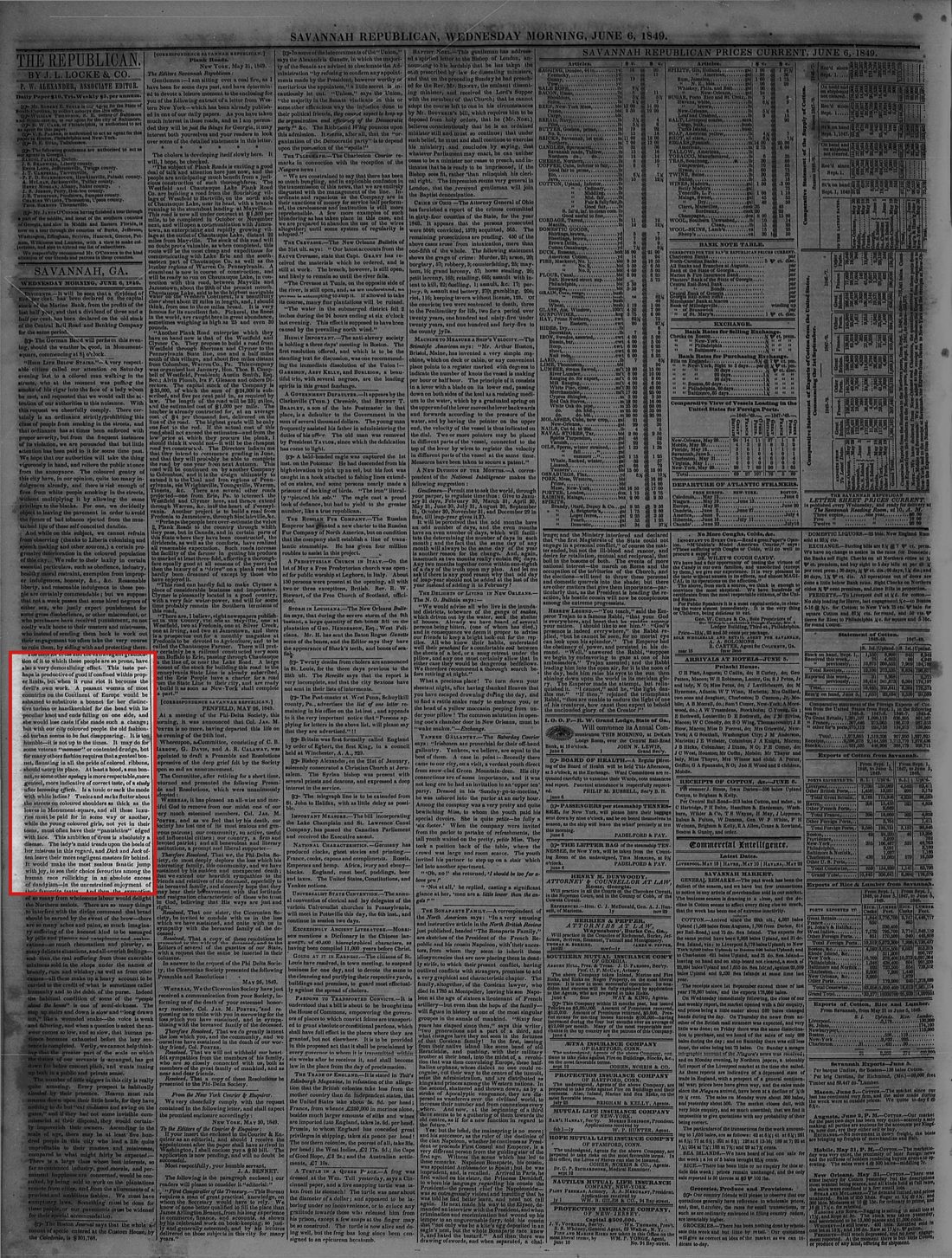 Page 2 of the Savannah Daily Republican, June 6, 1849, with the passage on dress outlined in red