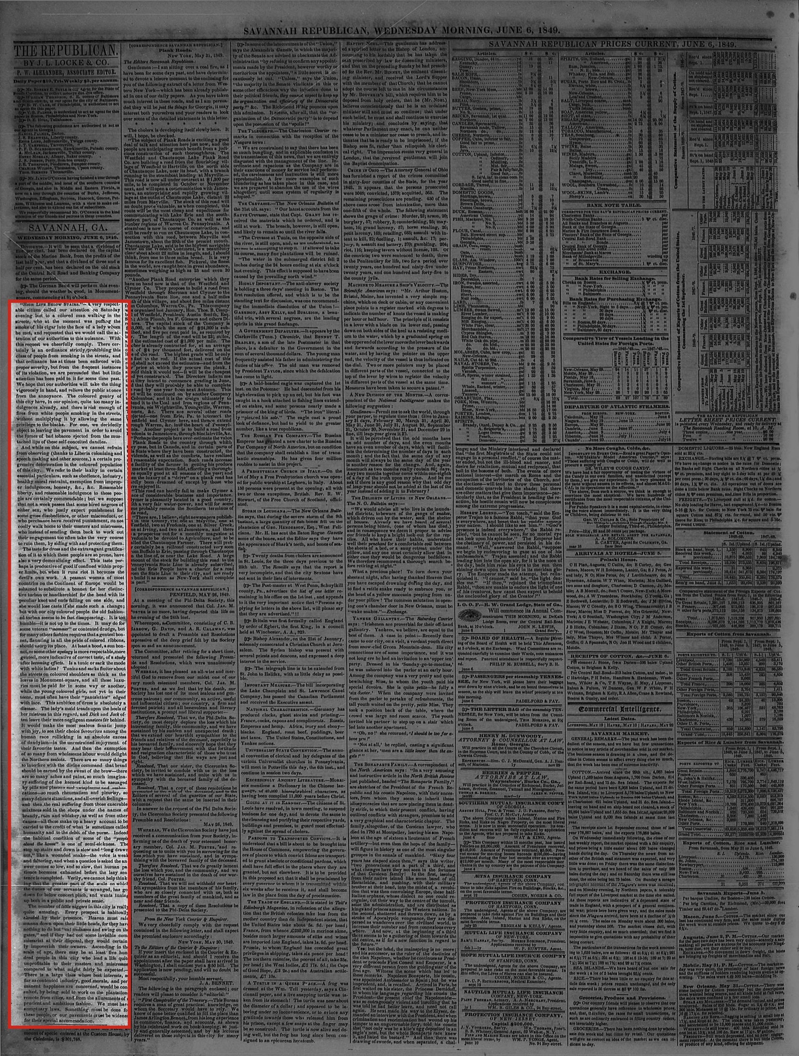 Page 2 of the Savannah Daily Republican, June 6, 1849, with High Life Below Stairs outlined in red