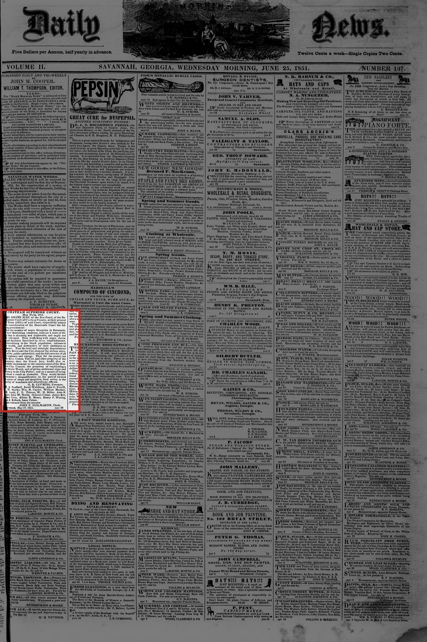 Front page of the Daily Morning News, June 25, 1851, with the grand jury presentment outlined in red