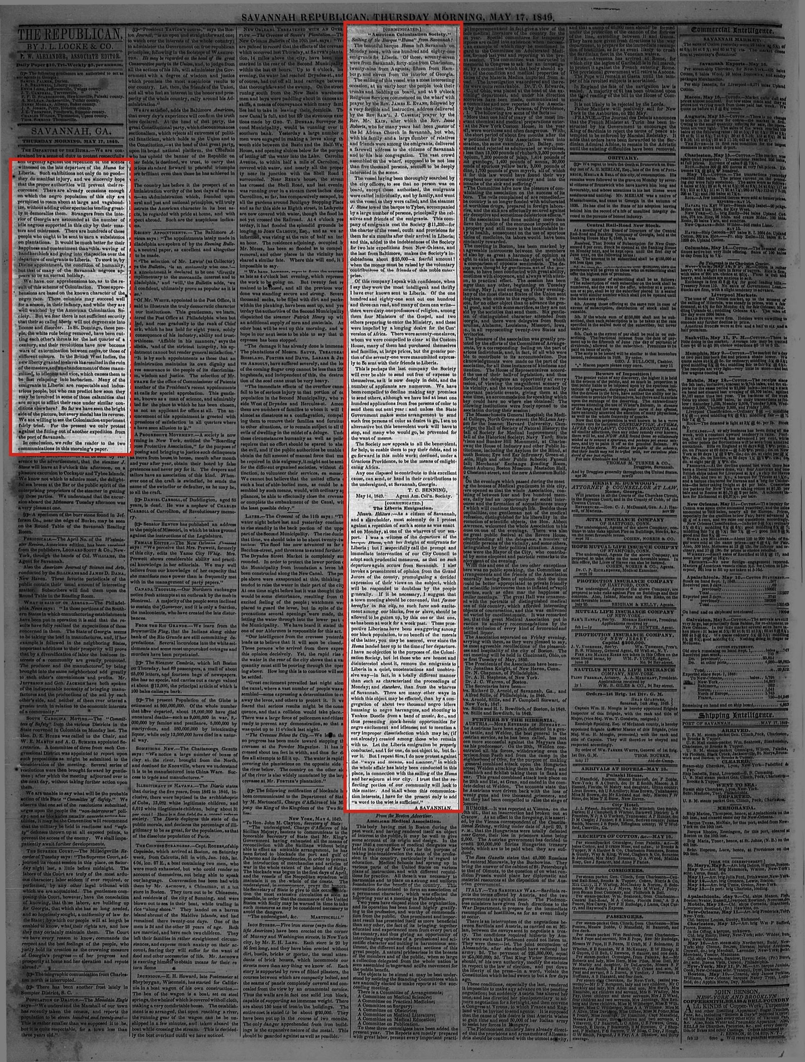 Page 2 of the Savannah Daily Republican, May 17, 1849, with the editorial and the two communications outlined in red